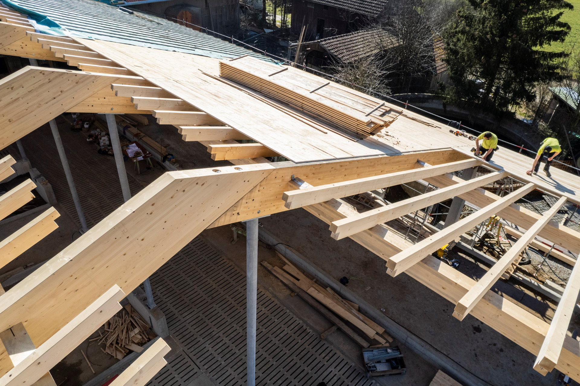 Dachkonstruktion eines Kuhstalls aus Holz