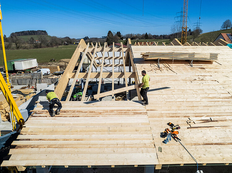 Kuhstall mit Holzdach Bau des Holzdachs eines großen Kuhstalls in Wangen im Allgäu