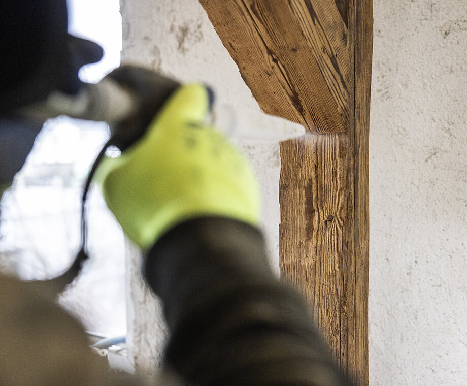 Holz wird mit Trockneis gereinigt