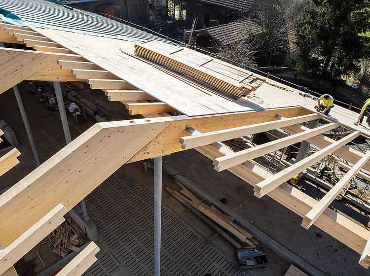 Dachkonstruktion aus Holz Dachkonstruktion eines Kuhstalls aus Holz